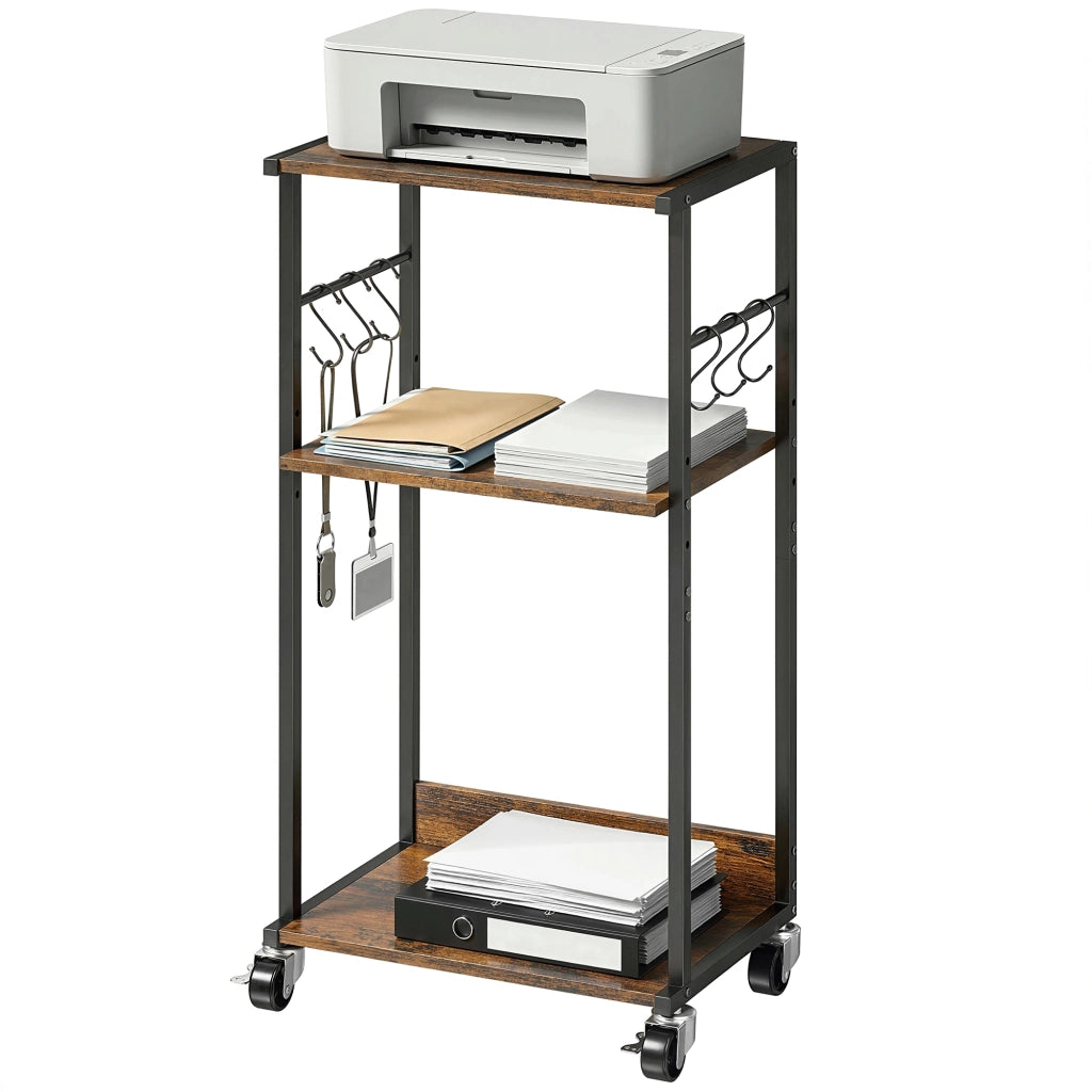 Tavolino Industriale 3 Livelli con Ruote e Ganci ¨C zephmum ¨C Marrone Rustico