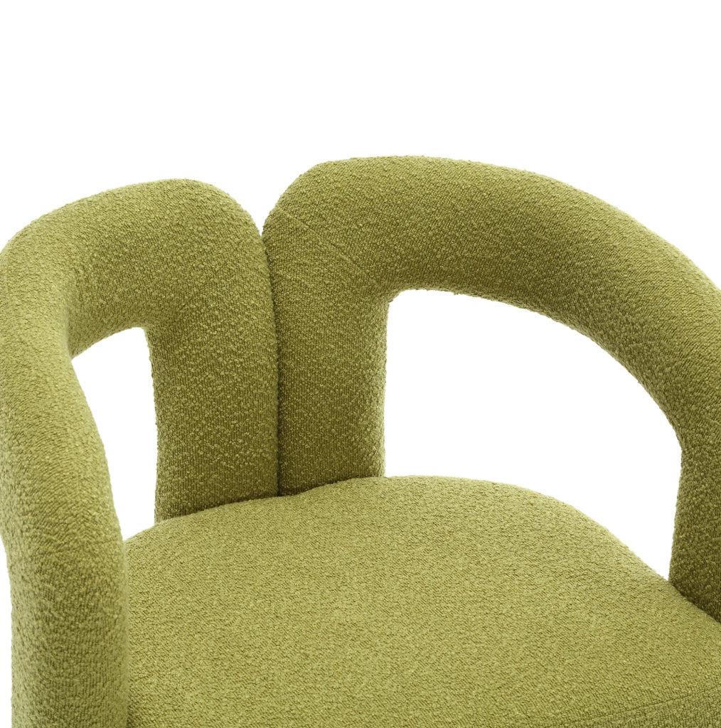 Poltrona girevole 360° in bouclé verde oliva; seduta imbottita 67x55x74 cm