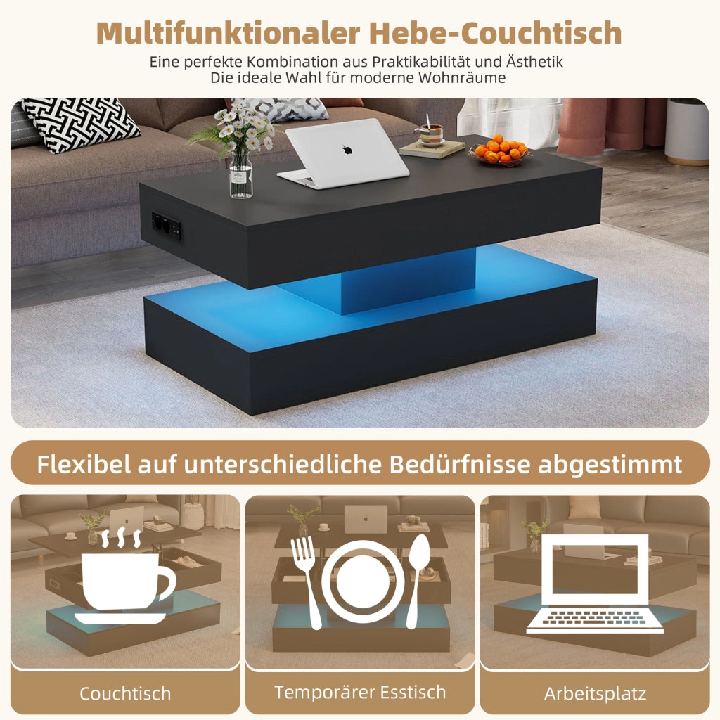 Tavolino da caffè con piano alzabile; vano contenitore e LED - per soggiorno - in pannello truciolare - 100×50×42 cm - nero