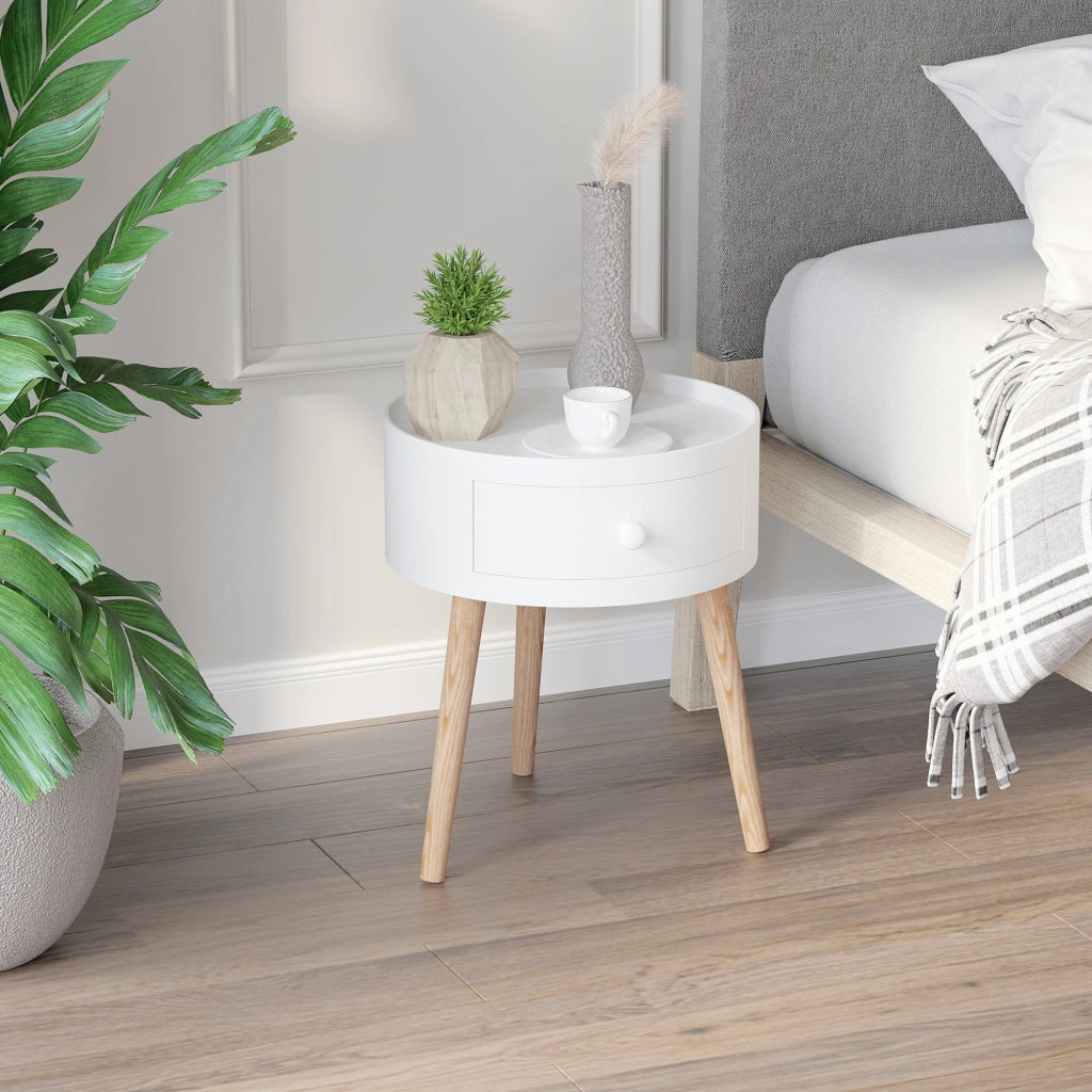 Tavolino da Salotto Moderno con Cassetto in Legno Bianco Ø38x45 cm