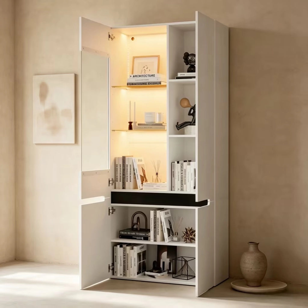 Vetrina verticale con LED Bluetooth; 4 ante; 80 x 35 x 180 cm; MDF bianco