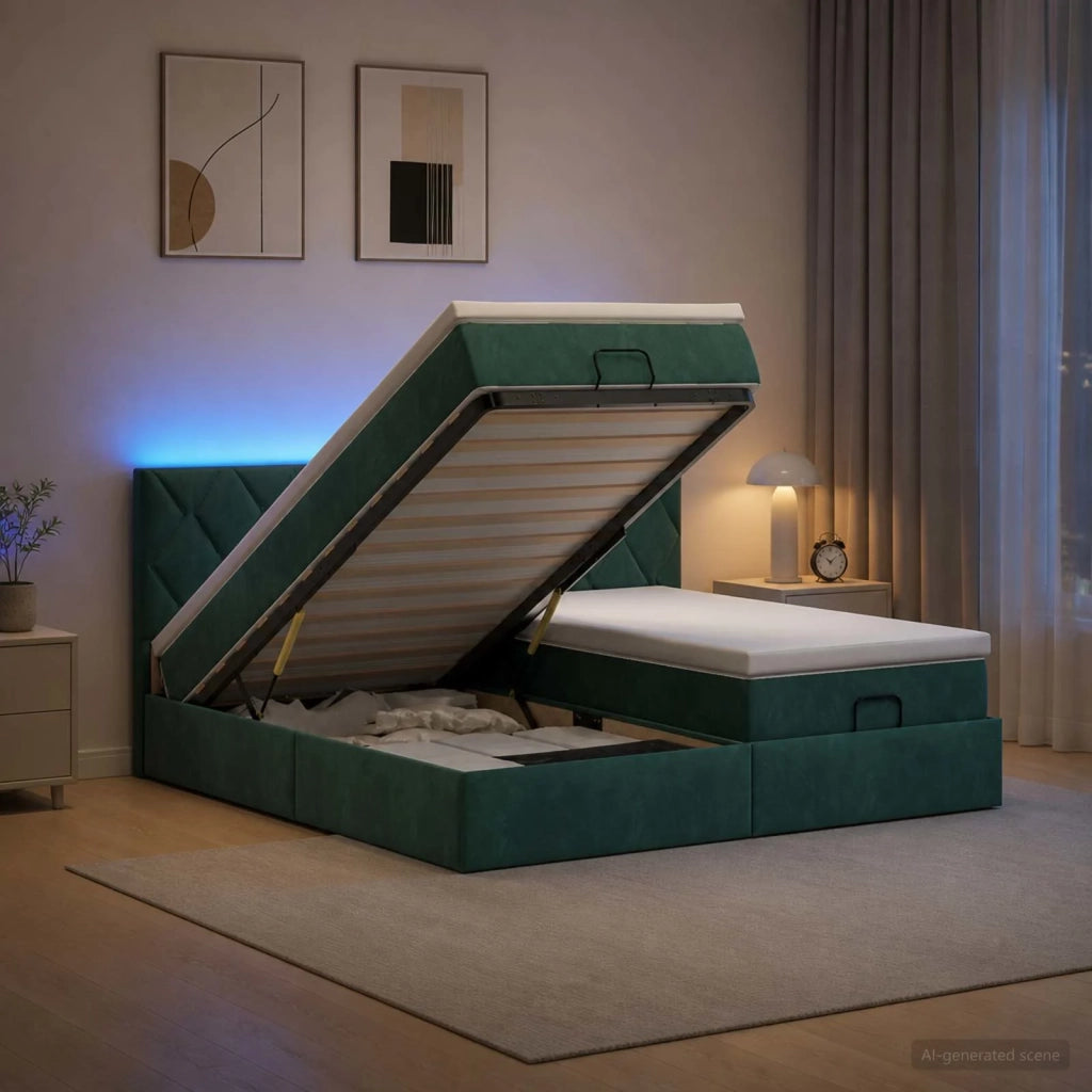 Letto Ottomano con Materasso e LED Verde Scuro 200 x 200 cm 3457359