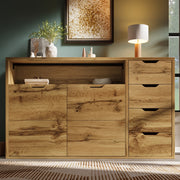COMMODE Sideboard 150x40x90 cm effetto rovere con 2 ante, 4 cassetti e vano aperto