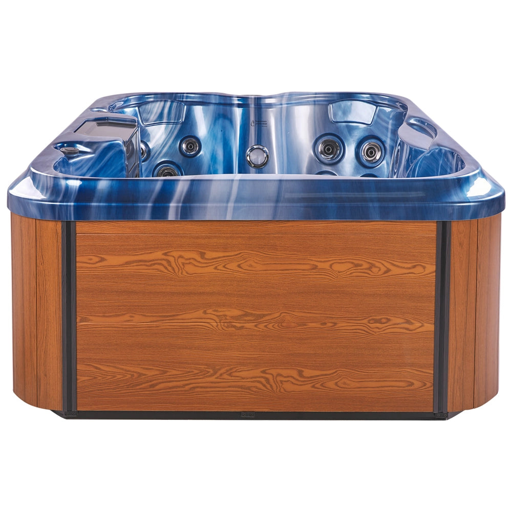 Vasca Idromassaggio Acrilico Blu 180 x 215 cm 4 Posti 19 Getti Idromassaggio Cassa in Alluminio Effetto Legno con Luce LED