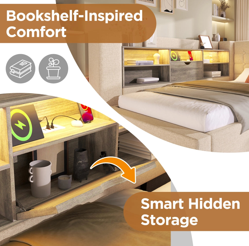 Letto imbottito 140x200 cm beige con LED, USB e materasso H3