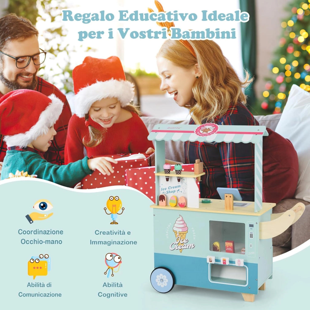 Gelateria Giocattolo per Bambini con Gelatiera, Carrelo dei Gelati in Legno con Ruote e Maniglia, Negozio di Gelati Giocattolo con Cassa e 15 Accessori, per Bambini di 3 + Anni (Verde)