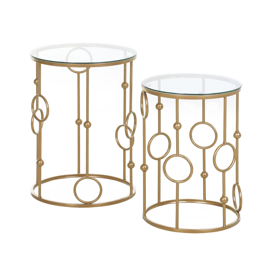 EasyComfort Set 2 Pezzi Tavolini da Caffè Design Elegante con Motivi a Cerchio, Metallo e Vetro Temperato Φ41x57cm & Φ36x51cm, Oro