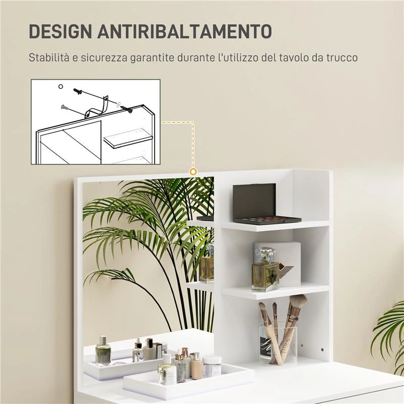 TAVOLO DA TRUCCO A 3 RIPIANI E CASSETTI CON SPECCHIO E SGABELLO, IN TRUCIOLATO, 75X40X137 CM, BIANCO