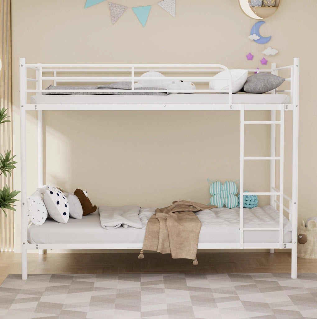 Letto a castello in acciaio 90x190 cm con scala e sponda anticaduta, bianco
