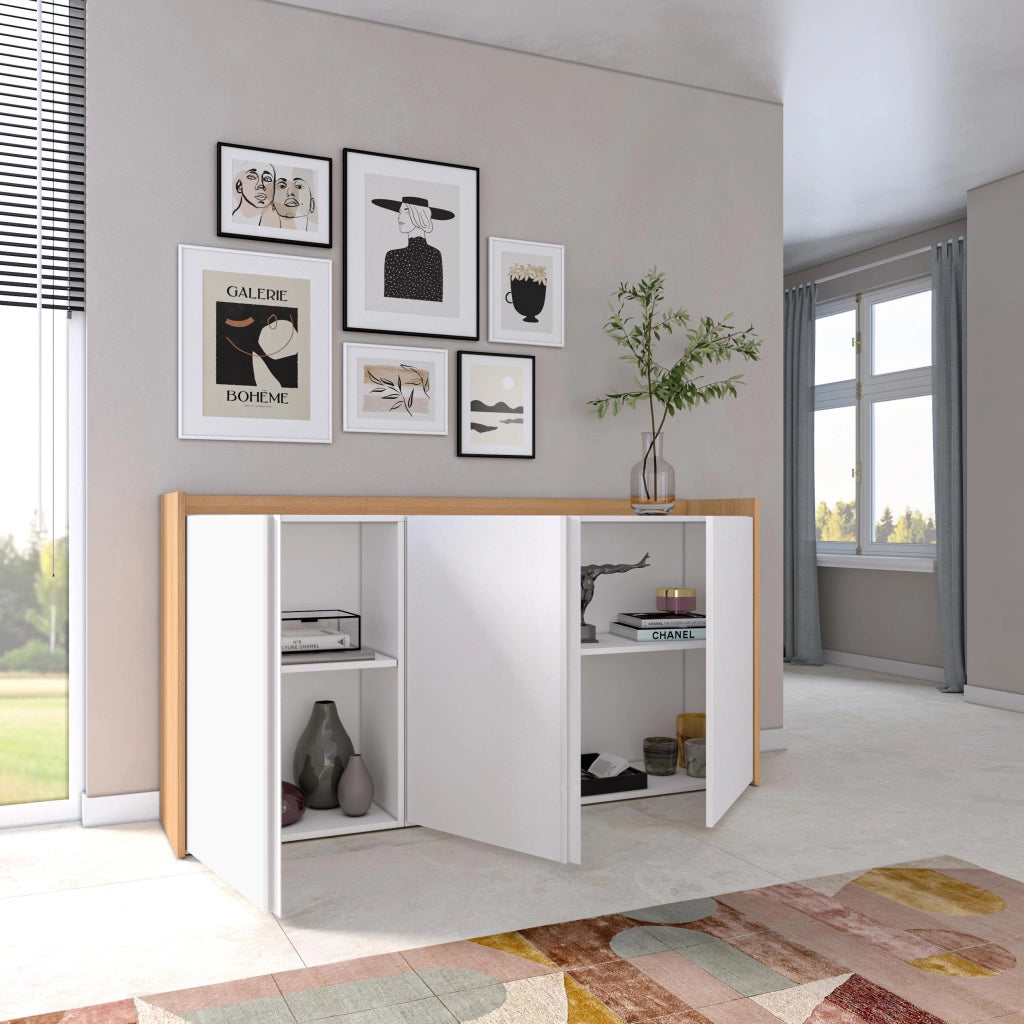 Credenza, Mobile, Cucina, 156x80x35 cm, 3 Porte, grande stoccaggio, Bianco e Rovere soft