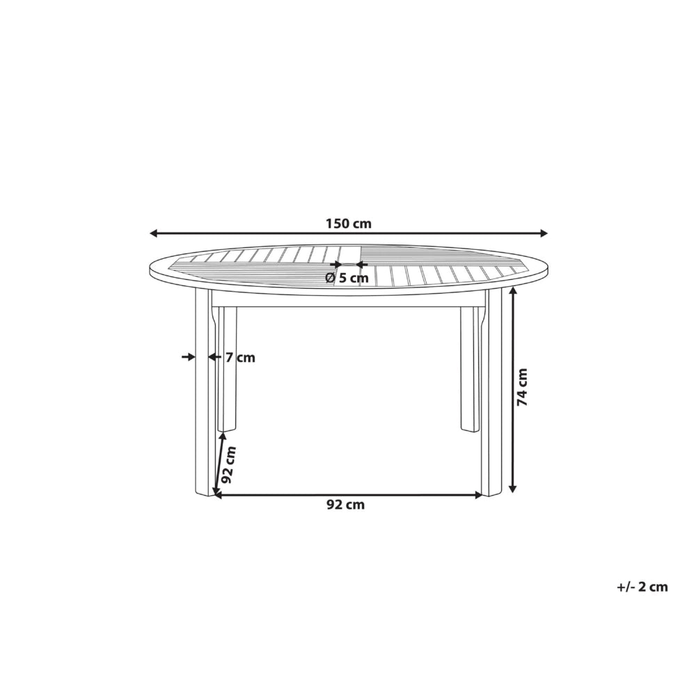 Tavolo da pranzo da giardino in legno chiaro di acacia piano rotondo 150 cm a doghe di design per interni ed esterni