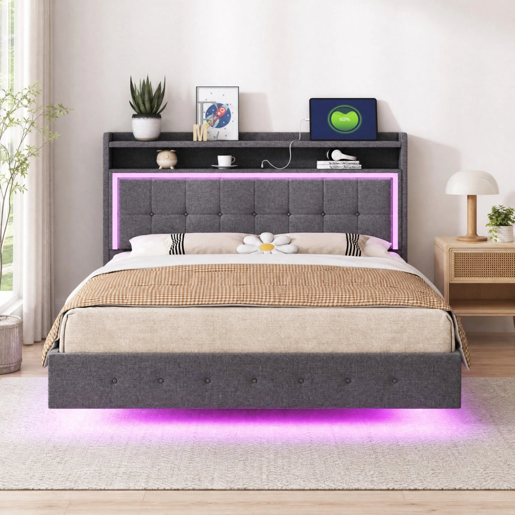 LETTO Imbottito 140x200 cm Grigio con USB e LED