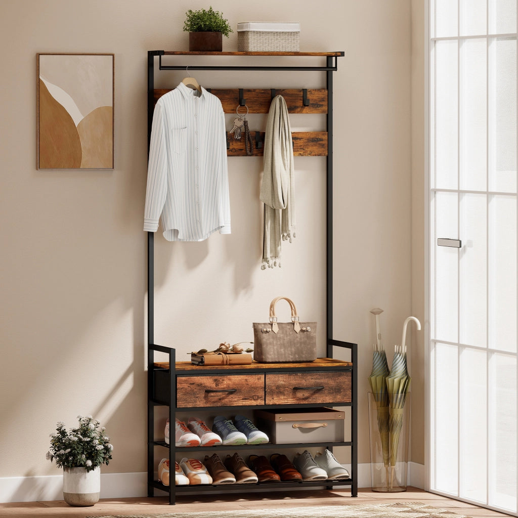 Appendiabiti con panca e scaffale per scarpe ¨C Minimal ¨C Marrone, metallo, 80x40x180 cm