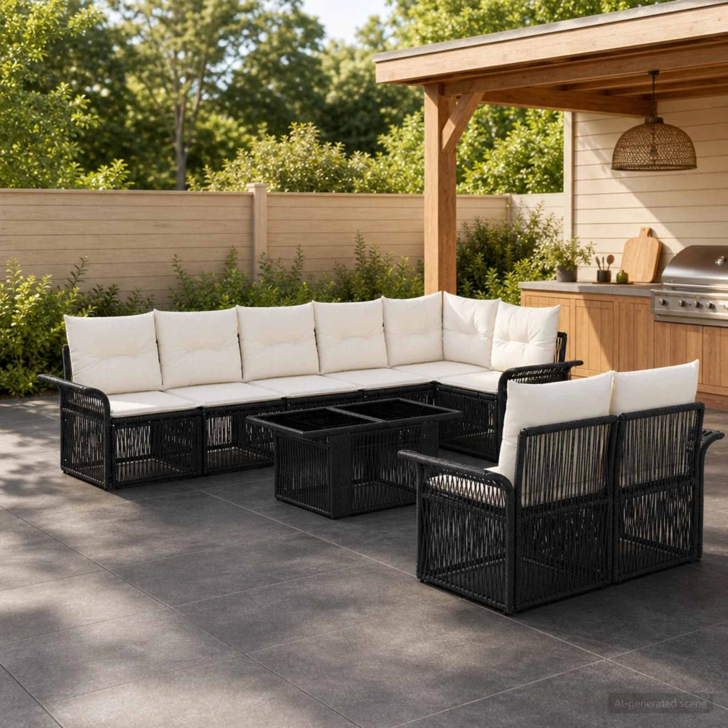 Set Divano da Giardino 9 pz Nero e Bianco Crema polyrattan 3436666