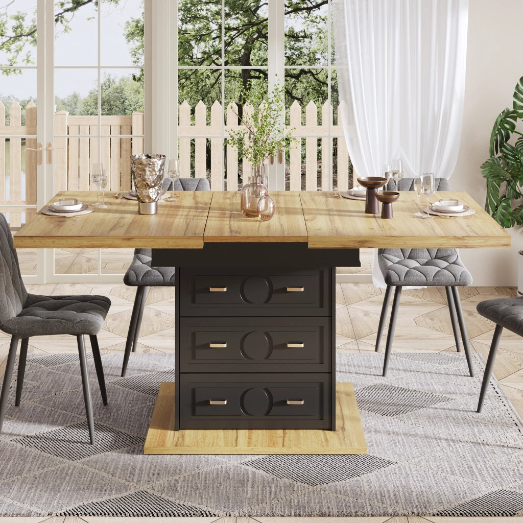 Tavolo allungabile con 2 cassetti e vano con chiusura magnetica in MDF e metallo per cucina e soggiorno naturale