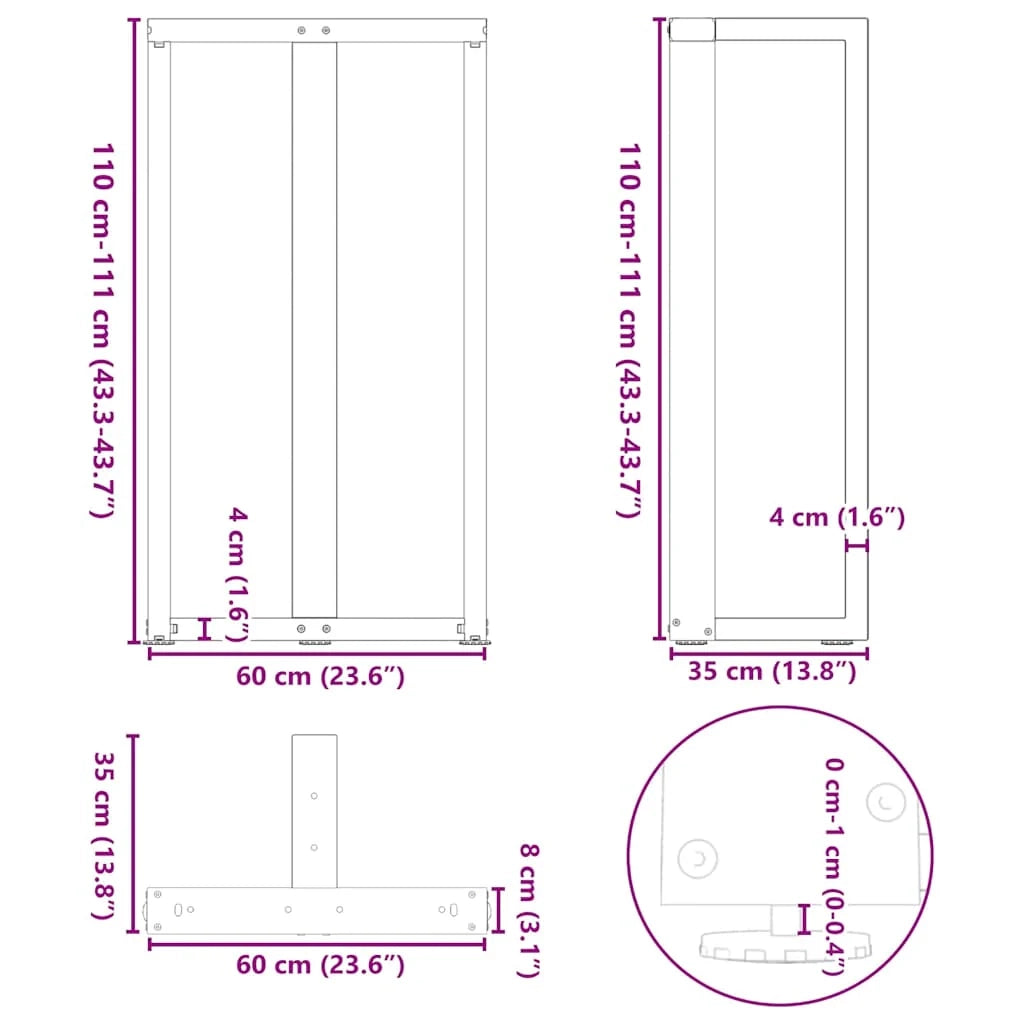 Set di 2 gambe regolabili per tavolo da bar a forma di T 60 x 35 x 110 cm design moderno acciaio nero 02_0057364