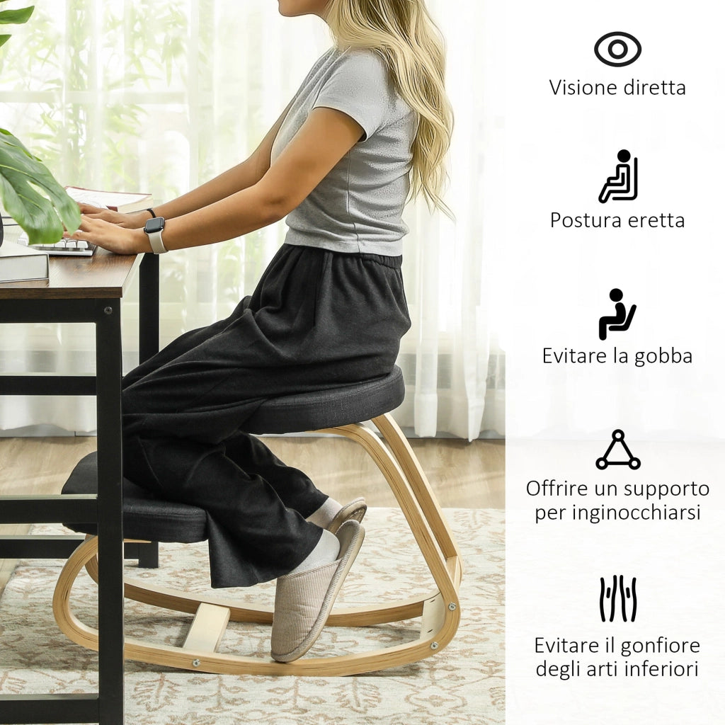 Sedia Inginocchiatoio con Movimento a Dondolo 50x73x55 cm in Tessuto Effetto Lino e Legno di Betulla Nero