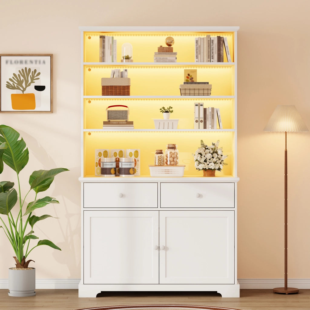 Vetrina con LED, 2 ante, 2 cassetti e 7 vani per soggiorno, in truciolare bianco, 100 × 38 × 170 cm