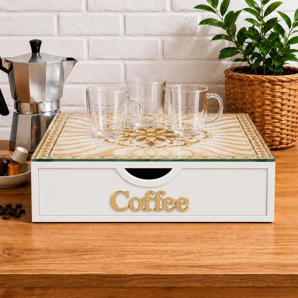 Trade Shop - Cassetto Organizer Porta Capsule Cialde Bianco Coffee Top Vetro Maiolica Oro Divisori 595165 -