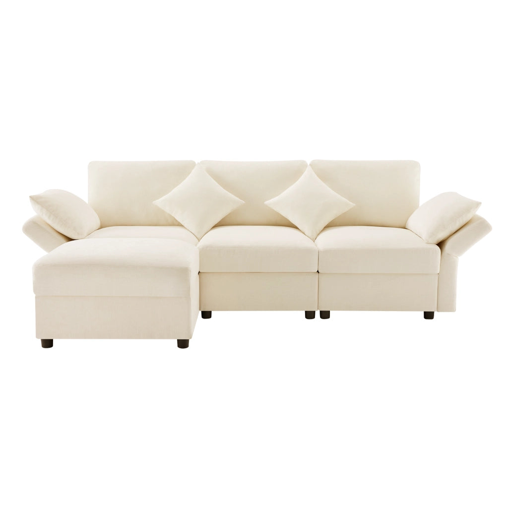 Divano angolare a L trasformabile in 3 posti - Zephmum - Con pouf, 4 cuscini e braccioli regolabili in tessuto chenille beige