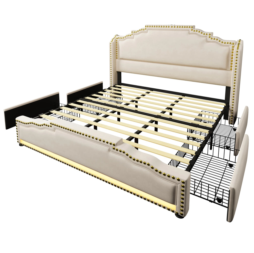 Letto matrimoniale 180x200 cm in velluto beige con LED; porte USB e 4 cassetti