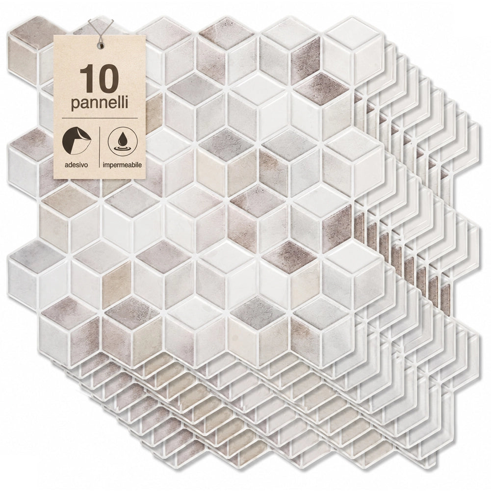 Set 10 Pannelli Adesivi Piastrelle da Parete 30,5 cm Decoro Geometrica in PVC Beige