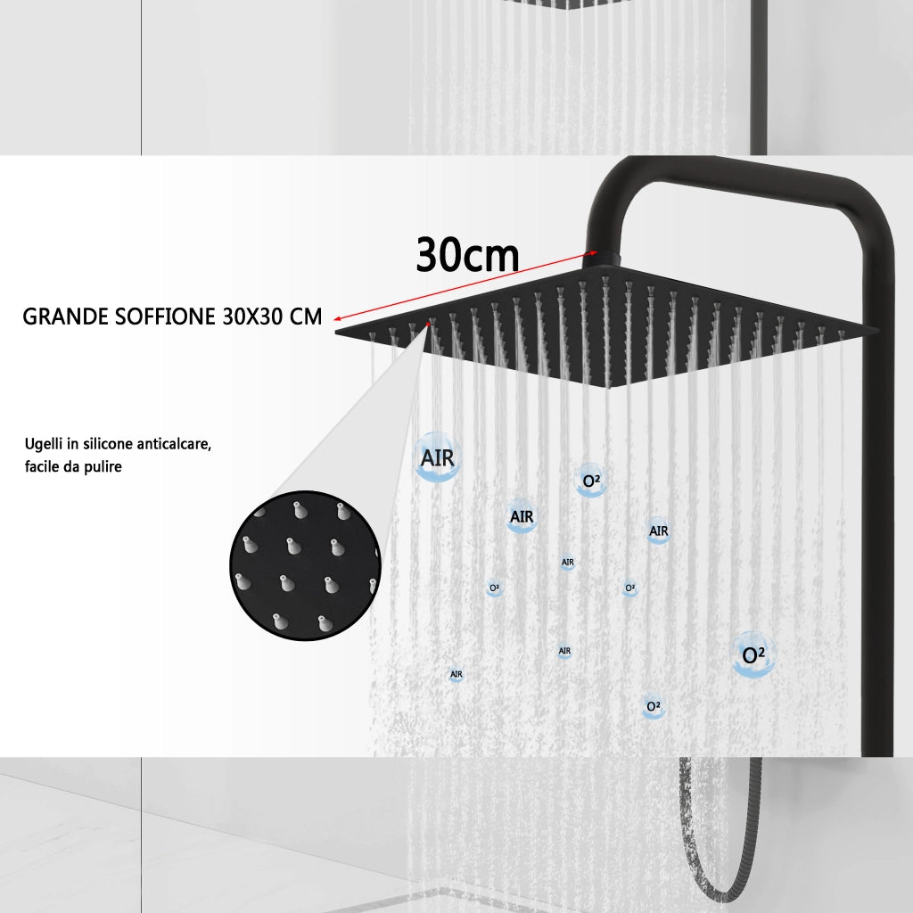 AICAIT Colonna doccia quadrata con soffione quadrato 30x30cm in acciaio inox nero, sistema doccia a 38℃ antiscottature