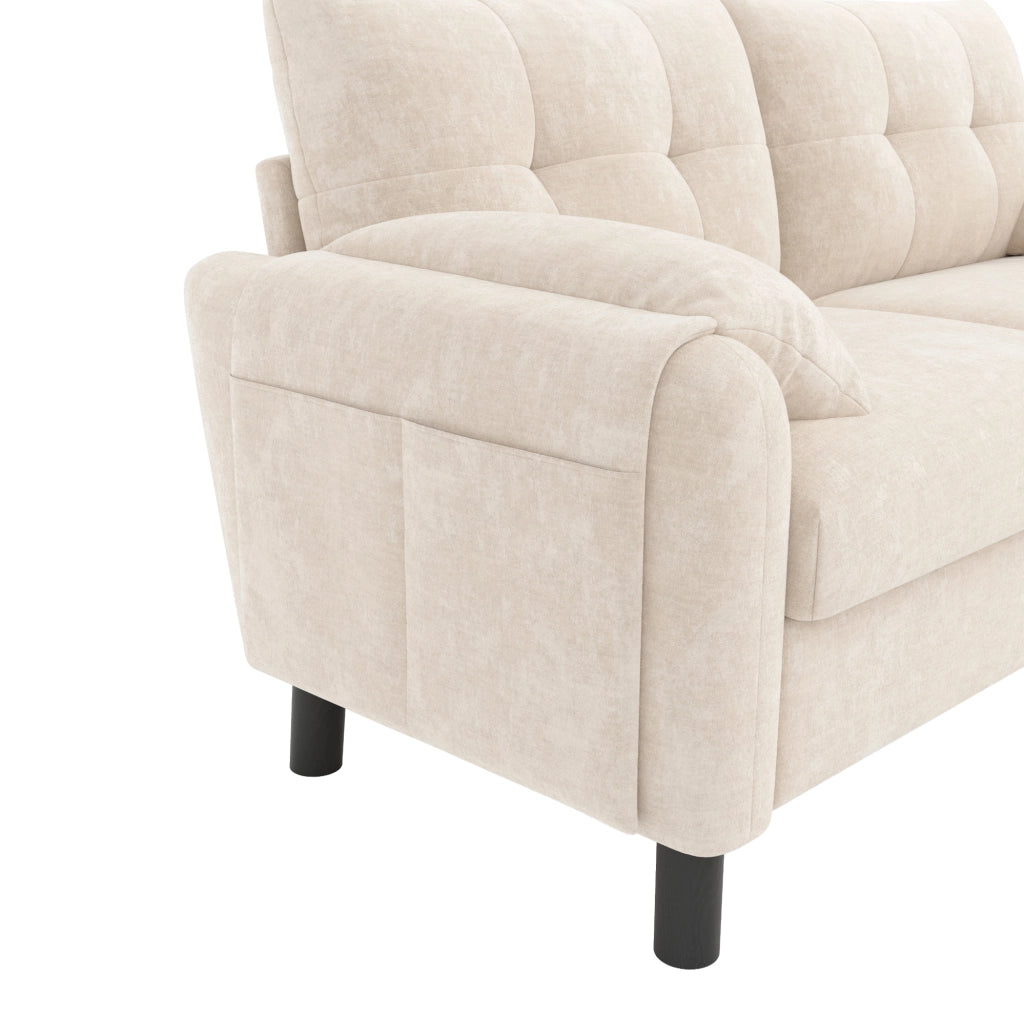 Sofa 2 posti moderno in tessuto chenille beige con cuscini spessi e tasche laterali, design scandinavo
