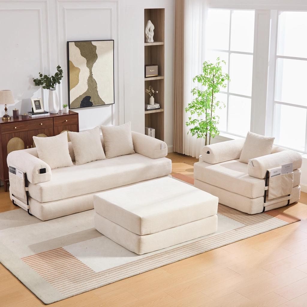 Divano modulare con pouf, tasca laterale e cuscini, struttura in metallo e tessuto a coste beige per soggiorno