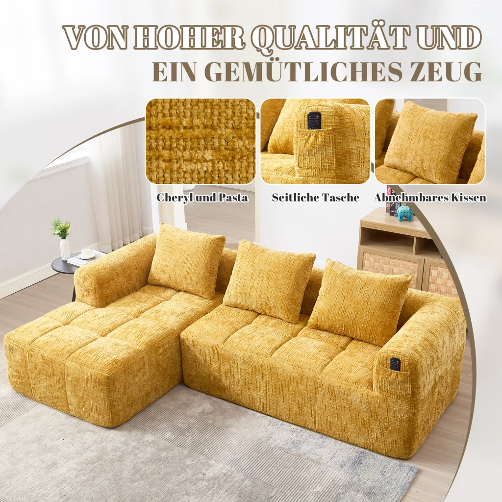 Divano ad Angolo 3 Posti con Chaise Longue e Tasche Laterali; Ciniglia; Giallo; 250 × 158 × 60 cm