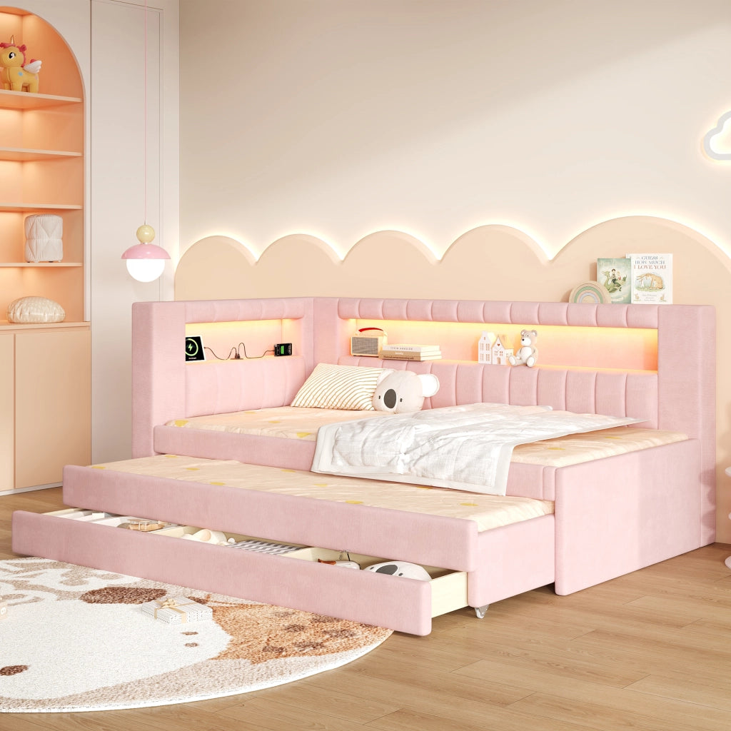 Letto imbottito rosa 90x200 con LED a 7 colori; USB e letto estraibile