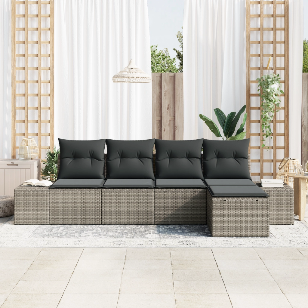 Set Divano da Giardino 5 Pezzi con Cuscini Grigio in Rattan