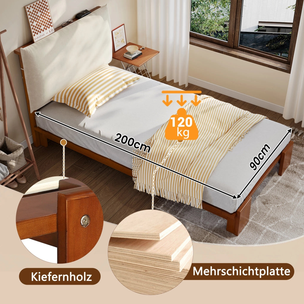 OKWISH Letto Bambino 90×200 cm, Letto Singolo con Schienale Imbottito con Chiusura a Strappo e Piedi Larghi, senza Materasso, Marrone