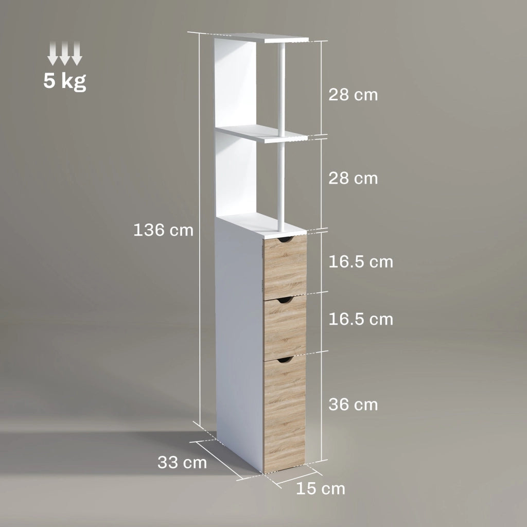 Mobile Colonna Bagno Salvaspazio  15x33x136 cm con Armadietto e Ripiani Legno e Bianco