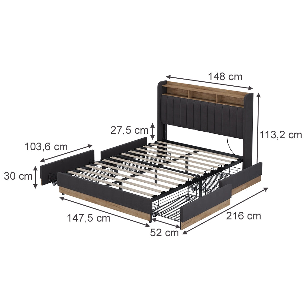 Vitalispa Letto imbottito Antracite/quercia con 4 cassetti
