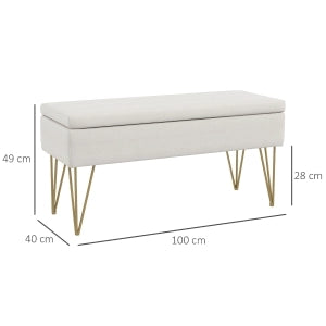 Panca da letto imbottita con vano contenitore e gambe in acciaio in tessuto effetto lino crema 100 × 40 × 49 cm
