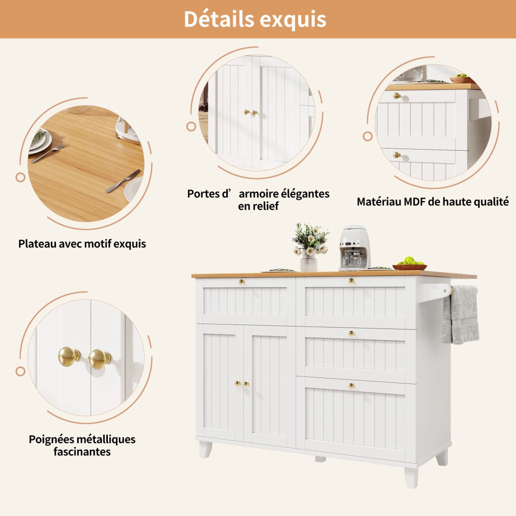 Carrello da Cucina con Contenitore e Piano Ribaltabile con Ruote e Piedini Regolabili in MDF Bianco