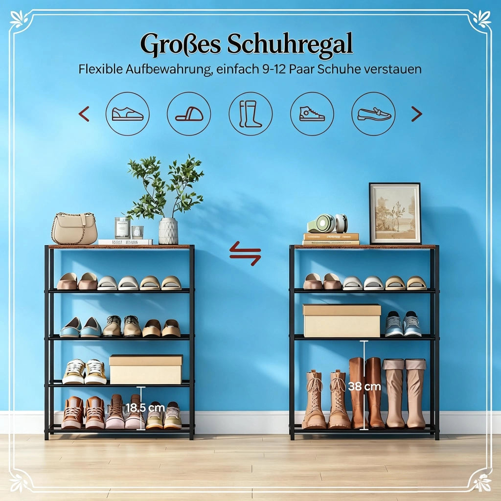 Scarpiera aperta multifunzione con 4 ripiani in MDF e acciaio nero e marrone rustico 30 × 63 × 83 cm