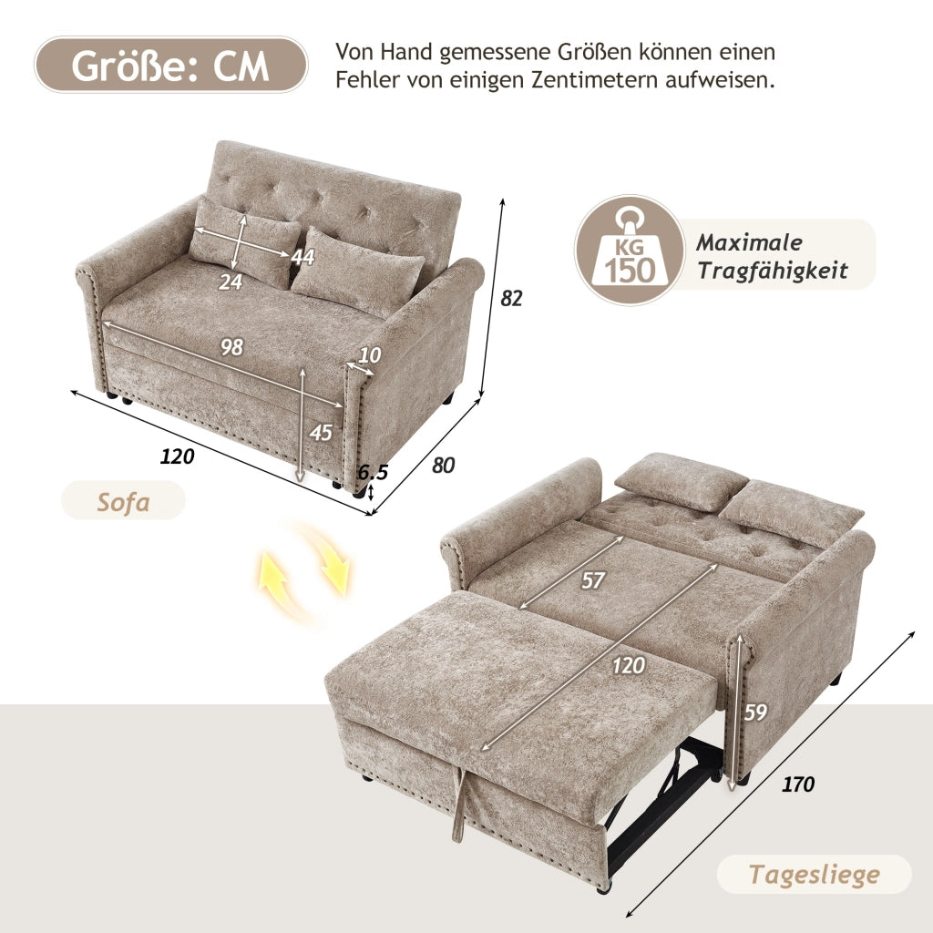 Divano letto 3 in 1 con schienale reclinabile a 3 posizioni e letto estraibile in tessuto chenille marrone grigio