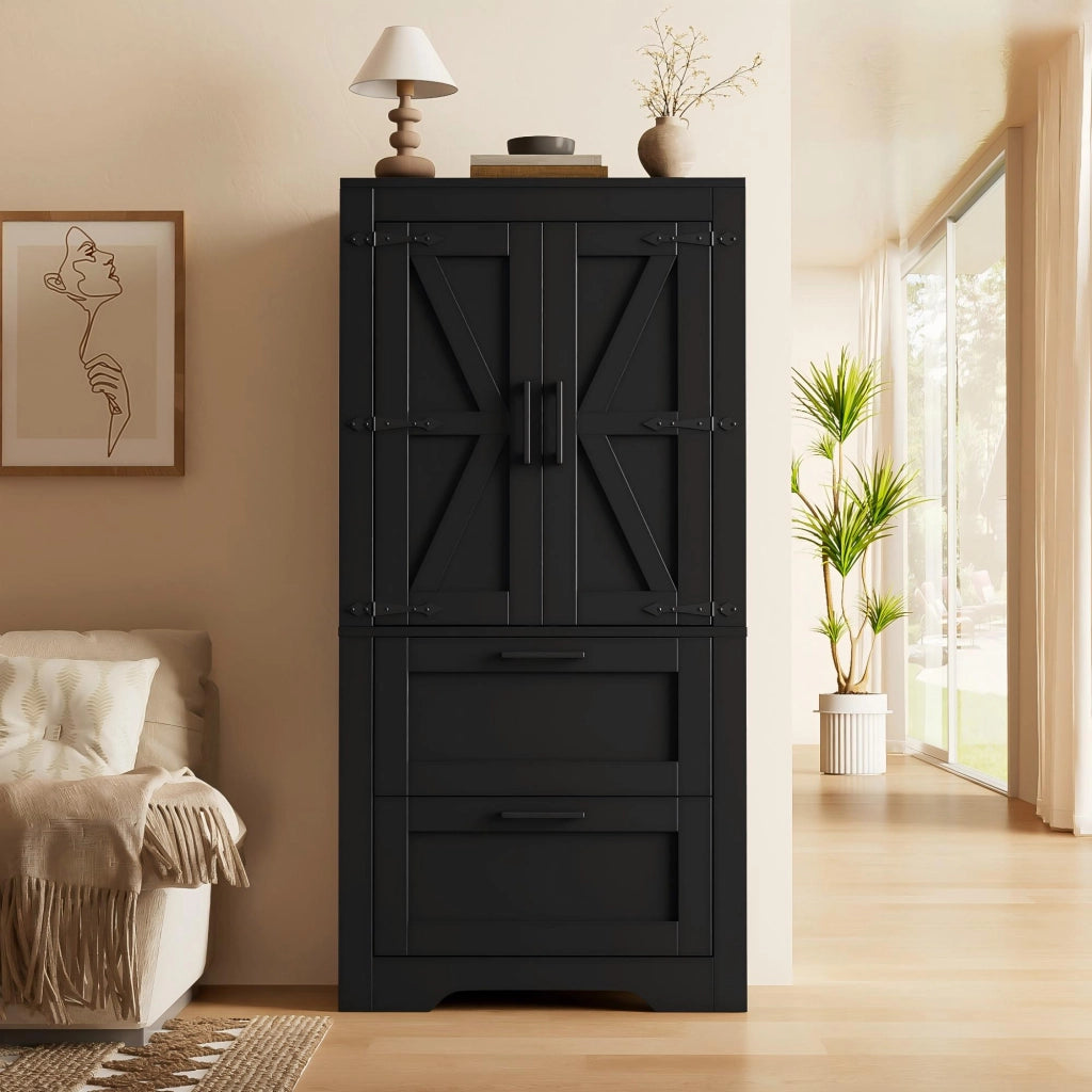 Credenza alta da cucina in stile rustico, con 2 cassetti, ripiani regolabili, struttura autoportante, colore nero
