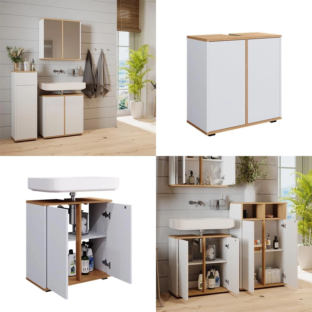 Mobile sottolavabo per bagno Didi, Bianco/Artisan, 60 x 62 cm con 2 porte, per la conservazione di articoli da bagno e prodotti per la cura personale