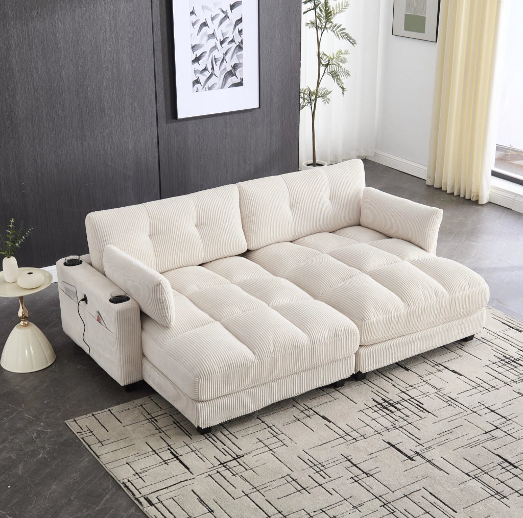 Divano modulare 2 posti in velluto a coste beige con USB