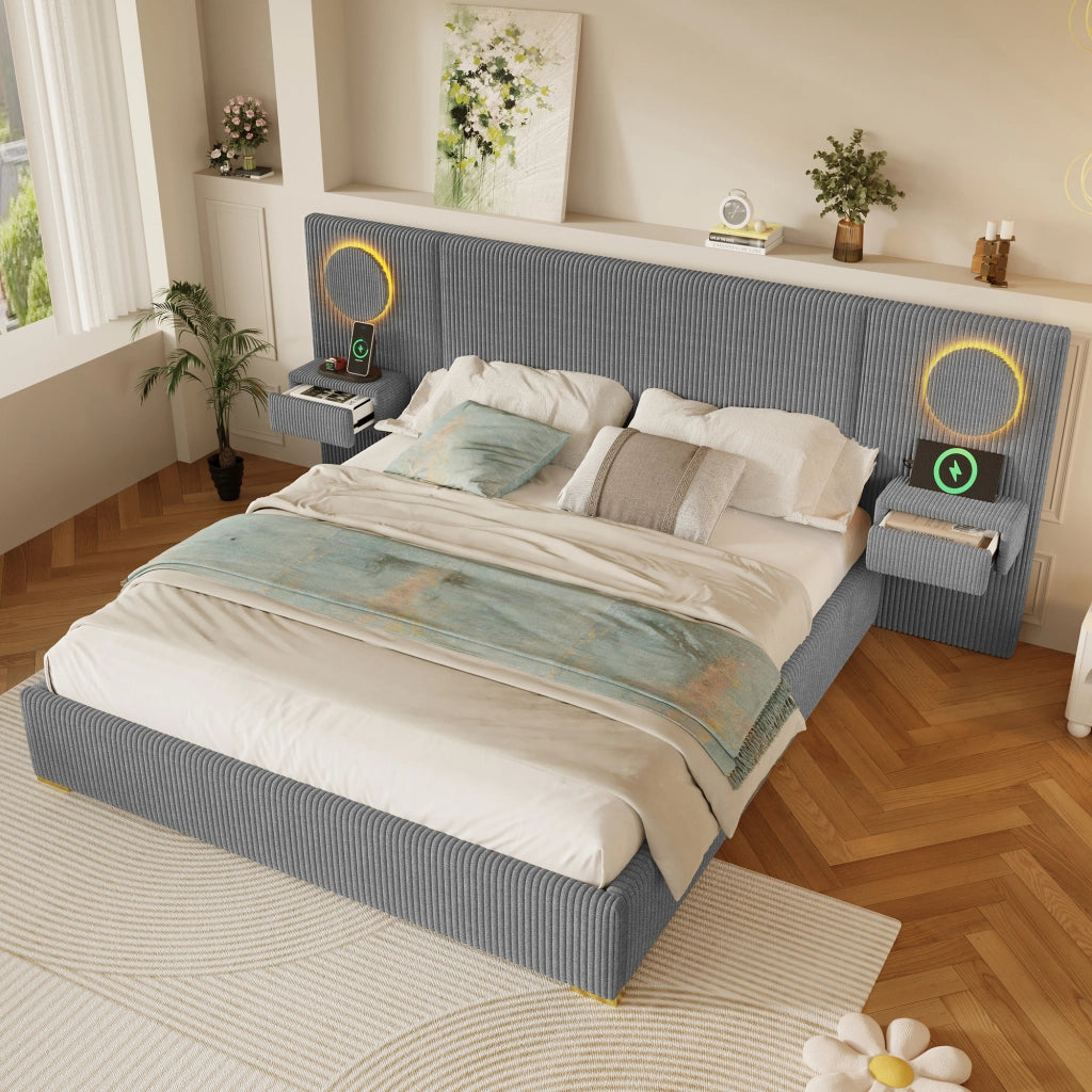 Letto Matrimoniale 180x200 cm; USB; LED; Cassetti e Tavolini in Velluto Grigio