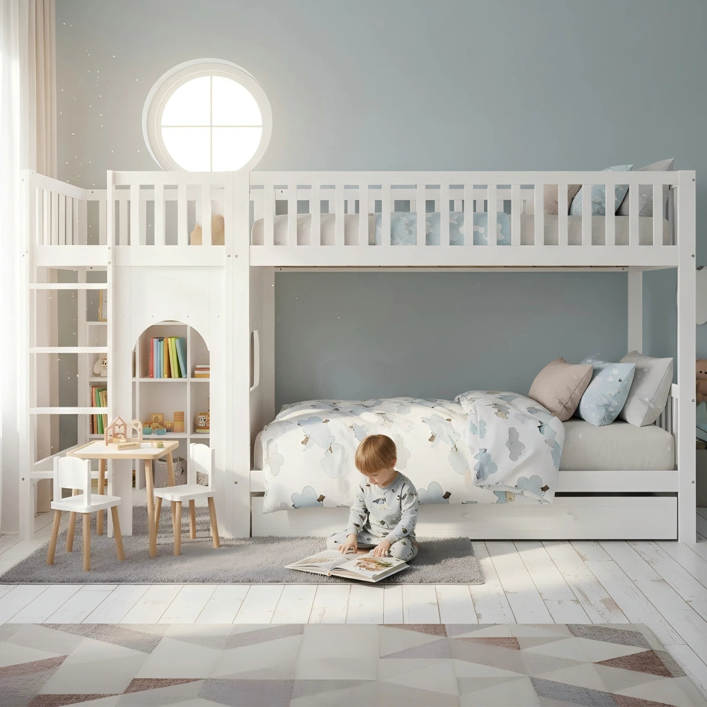 Letto a castello per bambini 90 × 200 cm con scala dritta a 4 gradini, barriere su 4 lati, senza materasso, bianco naturale