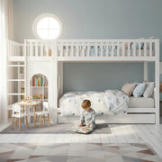 Letto a castello per bambini 90 × 200 cm con scala dritta a 4 gradini, barriere su 4 lati, senza materasso, bianco naturale