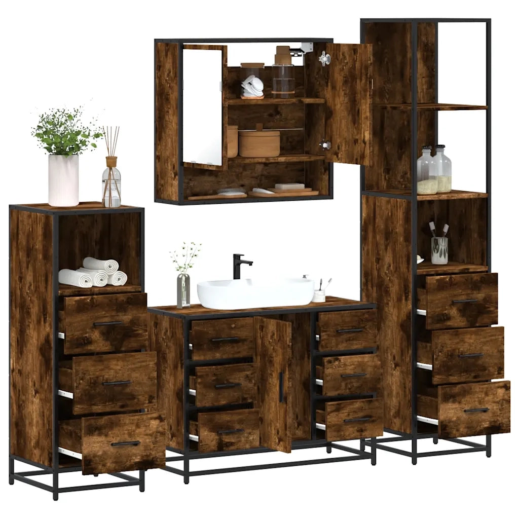 Set Mobili da Bagno 4 pz Rovere Fumo in Legno Multistrato