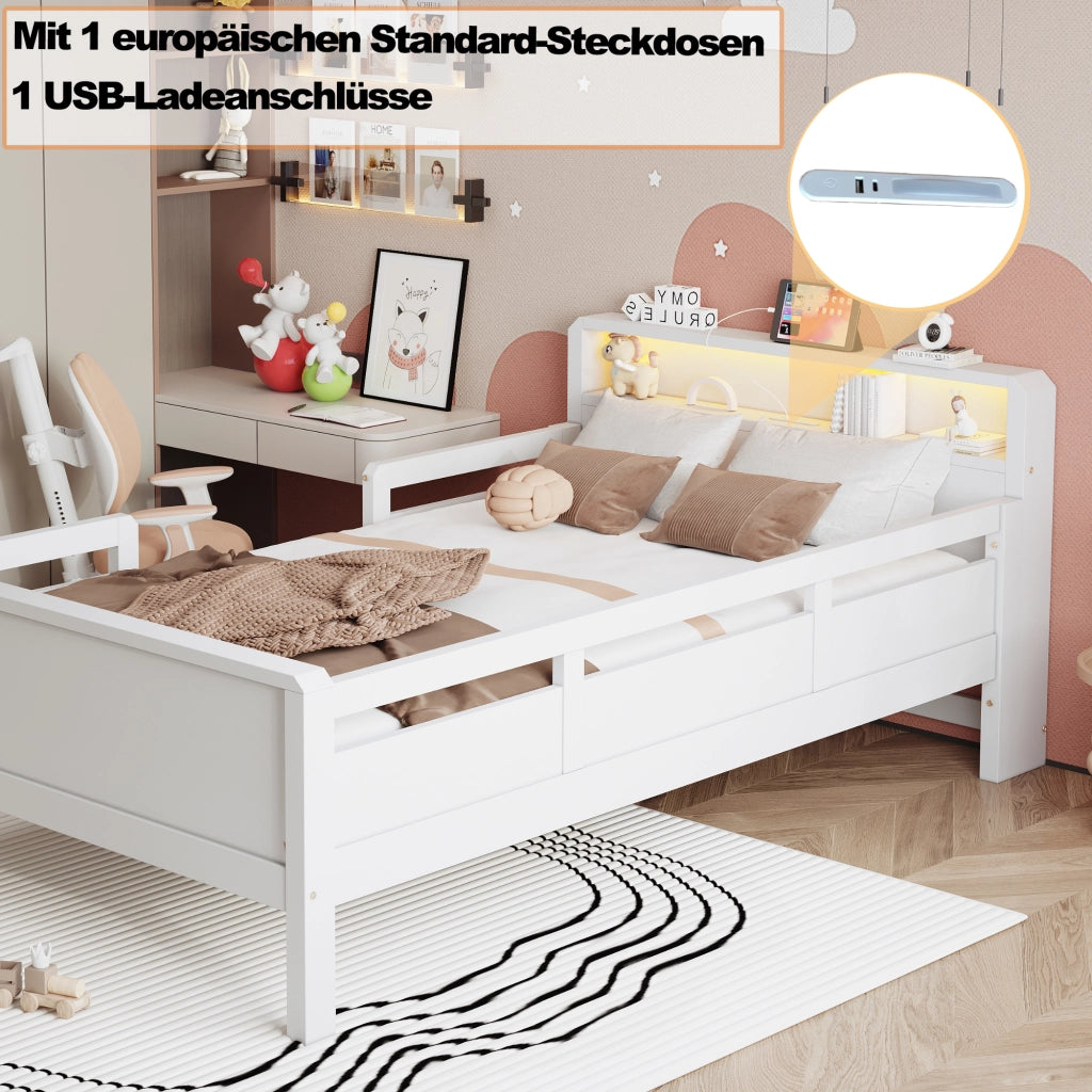 LETTO Multifunzione 90x200 cm Bianco in legno con LED e presa USB/USB-C