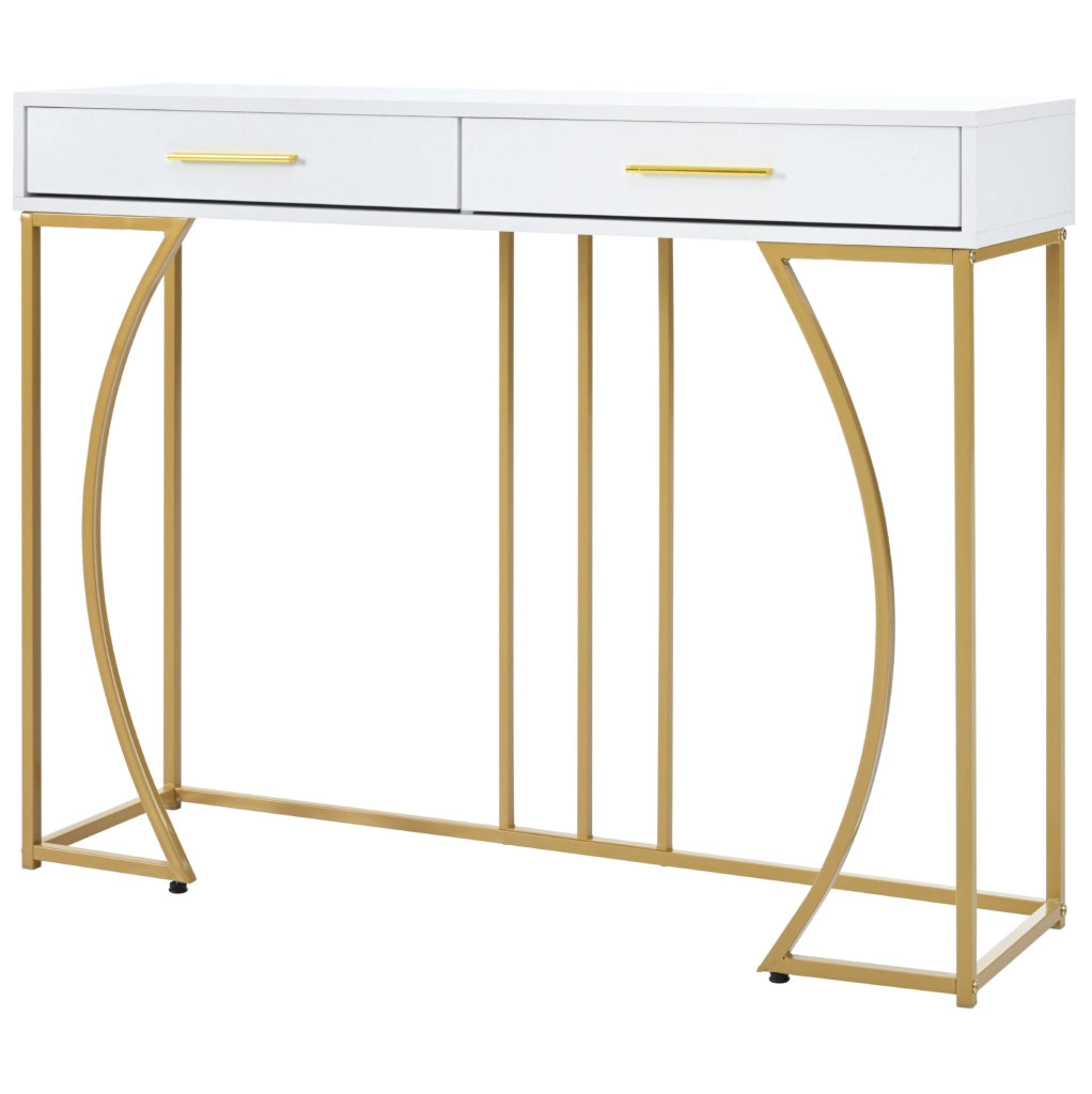 Consolle 110x32x85 cm con cassetto e gambe regolabili in MDF e metallo bianco