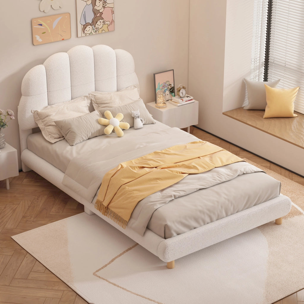 OKWISH Letto Bambino 90×200 cm, Letto Singolo con Testiera a Fiore in Peluche e Imbottitura Morbida, senza Materasso, Bianco