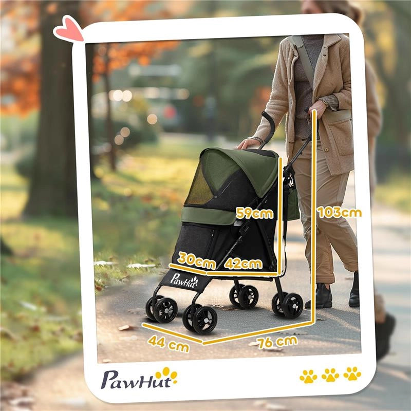 PASSEGGINO PER CANI CON 2 FINESTRE A RETE, IN ACCIAIO E TESSUTO OXFORD, 76X44X103 CM, NERO E VERDE SCURO